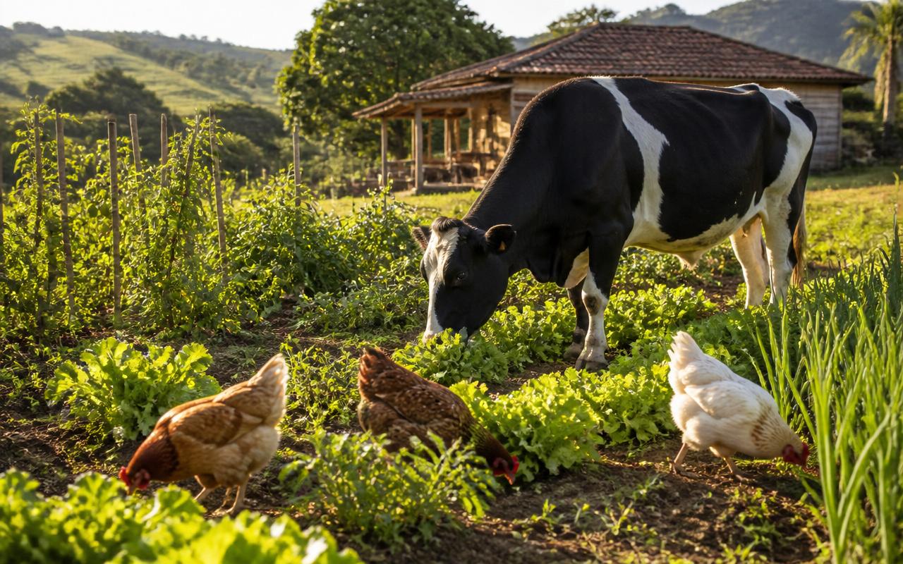 Animais invadindo horta em sítio sem cercamento